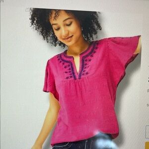 J Jill size medium magenta top with navy embroidery 100% cotton flutter sleeves